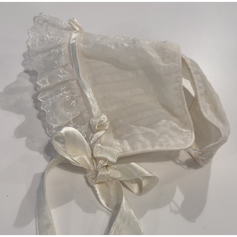 Vintage Baby Bonnet Ivory Lace Ruffle Silk Ties Victorian Christening S&L sz 12